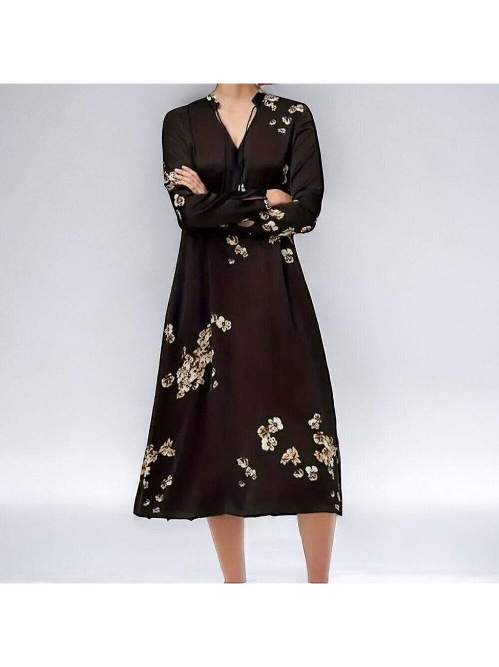 ** Little Moon Black Floral Midi Sateen Dress Size XS